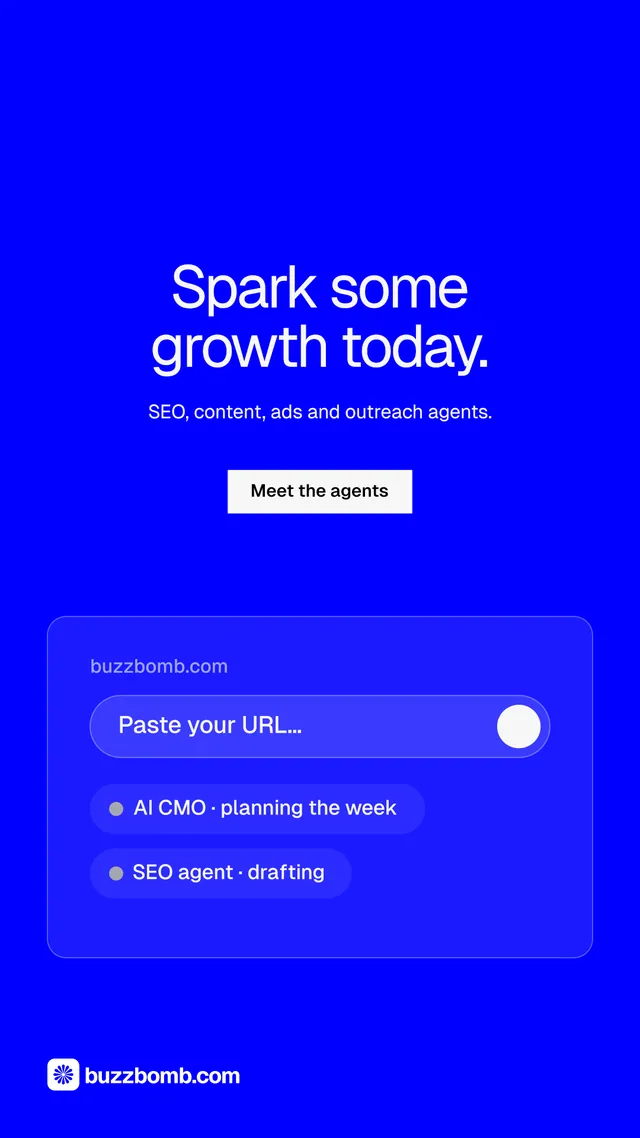 Instagram story for BuzzBomb: "Spark some growth today." Swiss style, centred layout, dark palette in blue.