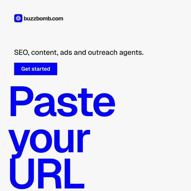 Instagram post for BuzzBomb: "Get a marketing team." Swiss style, oversized layout, light palette in white, blue.