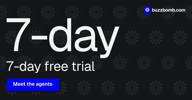 Social ad for BuzzBomb: "Spark some growth today." Brutalist style, stat layout, dark palette in black, grey.