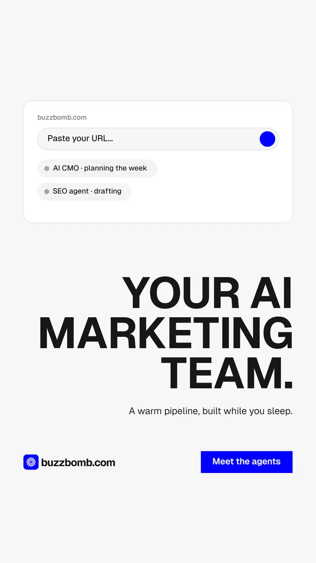 Instagram story for BuzzBomb: "Your AI marketing team." Swiss style, right layout, light palette in white, grey.