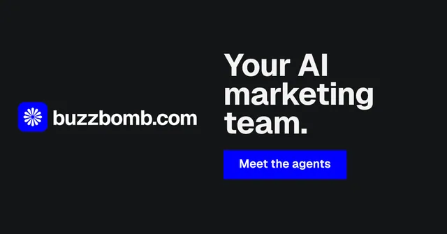Social ad for BuzzBomb: "Your AI marketing team." Split block style, logo hero layout, dark palette in black, grey.