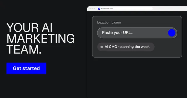 Social ad for BuzzBomb: "Your AI marketing team." Brutalist style, browser layout, dark palette in black, grey.