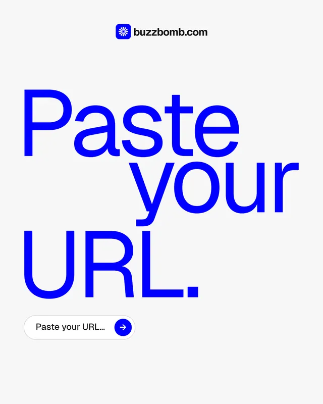 Instagram portrait post for BuzzBomb: "Paste your URL." Agentic glass style, stacked layout, light palette in white, blue.