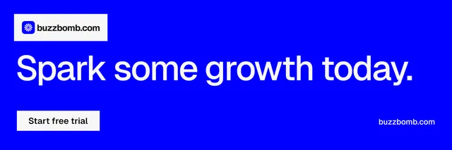 X header for BuzzBomb: "Spark some growth today." Swiss style, poster layout, dark palette in blue.
