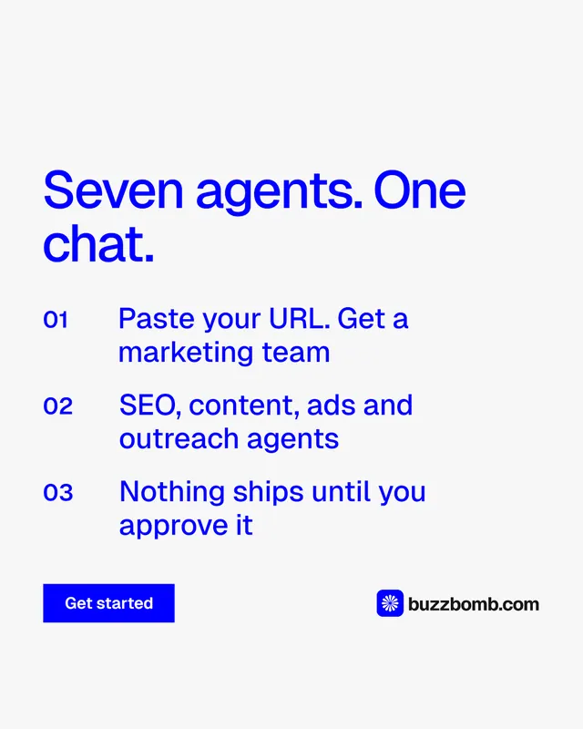 Instagram portrait post for BuzzBomb: "Seven agents. One chat." Swiss style, numbered layout, light palette in white, blue.