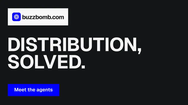 Landscape graphic for BuzzBomb: "Distribution, solved." Swiss style, announce layout, dark palette in black, grey.