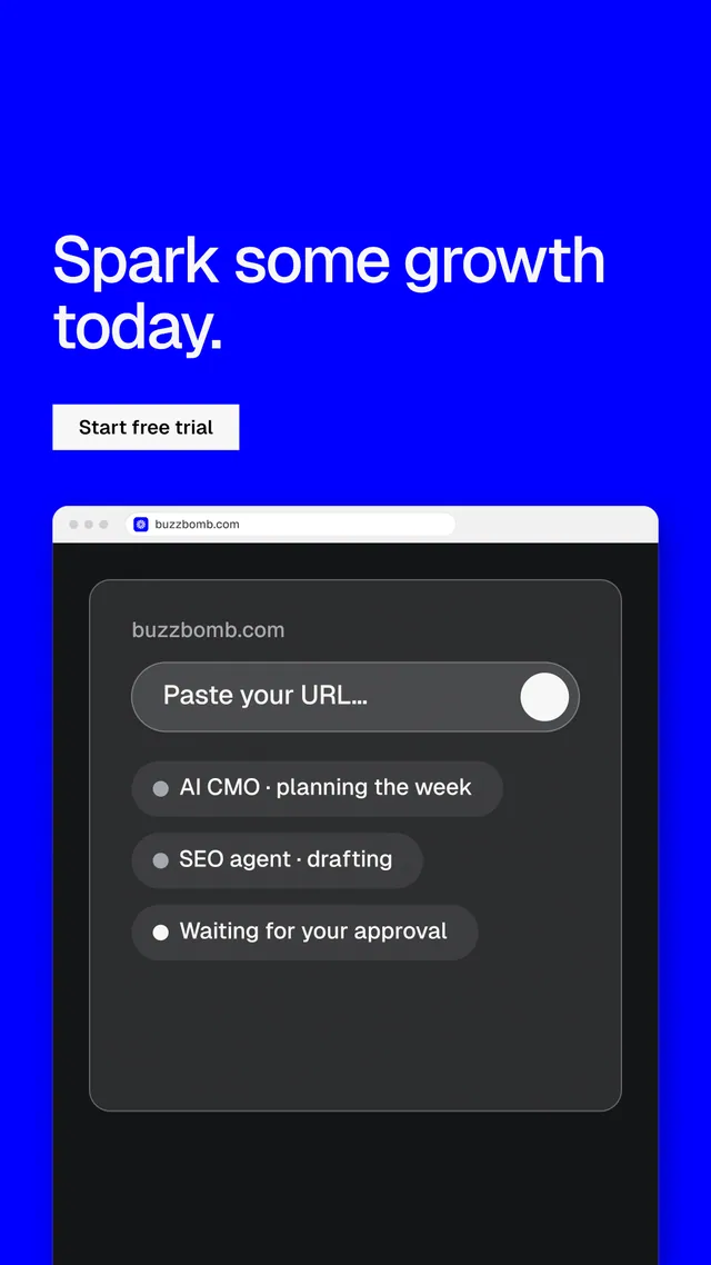Instagram story for BuzzBomb: "Spark some growth today." Split block style, browser layout, dark palette in blue, grey.