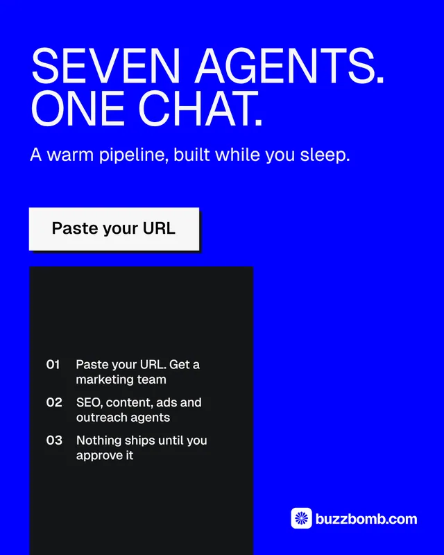 Instagram portrait post for BuzzBomb: "Seven agents. One chat." Brutalist style, skeleton layout, dark palette in blue, black.