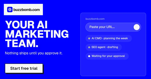 Social ad for BuzzBomb: "Your AI marketing team." Brutalist style, bottom layout, dark palette in blue.