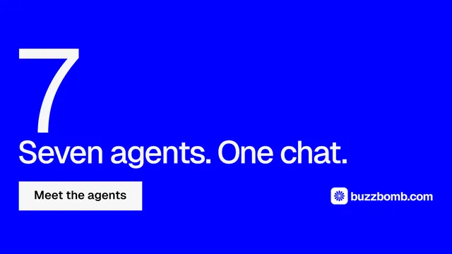 Landscape graphic for BuzzBomb: "Seven agents. One chat." Split block style, stat layout, dark palette in blue.