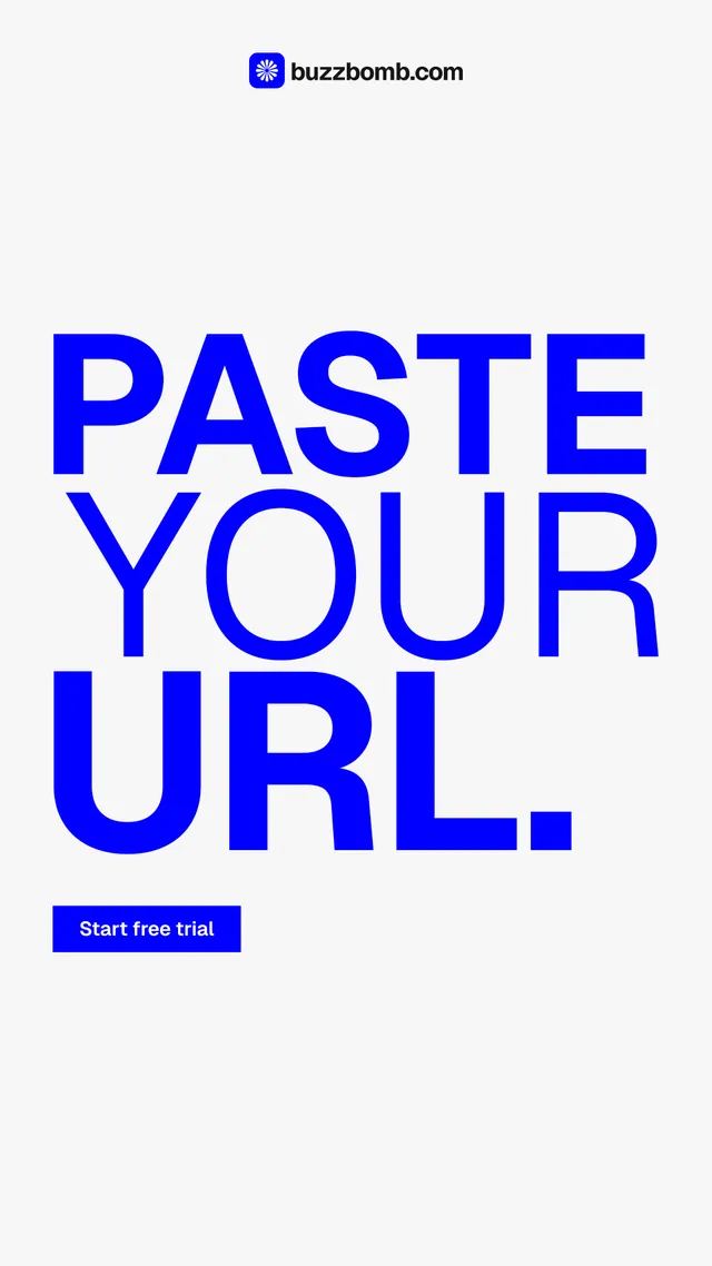 Instagram story for BuzzBomb: "Paste your URL." Swiss style, stacked layout, light palette in white, blue.