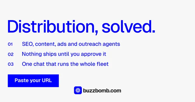Social ad for BuzzBomb: "Distribution, solved." Swiss style, numbered layout, light palette in white, blue.