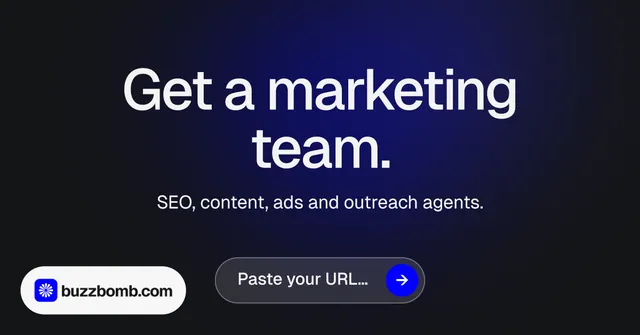Social ad for BuzzBomb: "Get a marketing team." Agentic glass style, centred layout, dark palette in black, blue, grey.