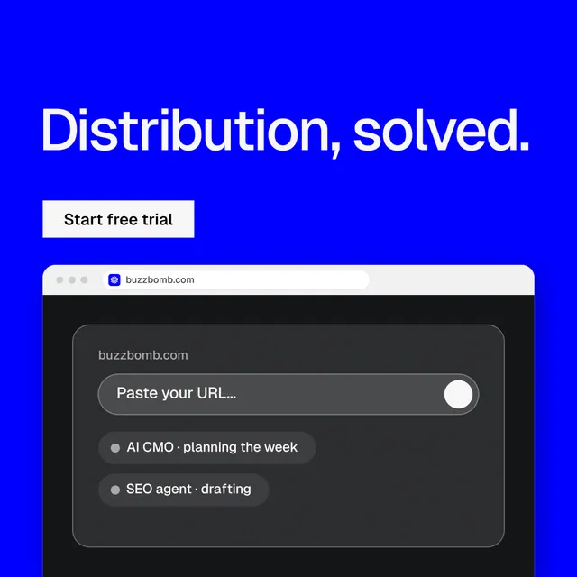Instagram post for BuzzBomb: "Distribution, solved." Split block style, browser layout, dark palette in blue, black, grey.