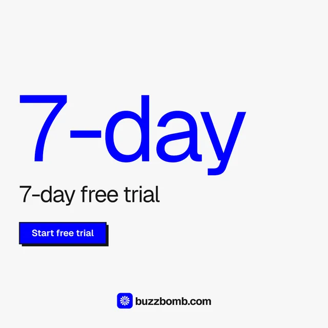 Instagram post for BuzzBomb: "One launch. A week of posts." Brutalist style, stat layout, light palette in white, blue.
