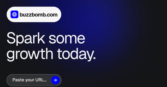 Social ad for BuzzBomb: "Spark some growth today." Agentic glass style, announce layout, dark palette in black, blue, grey.