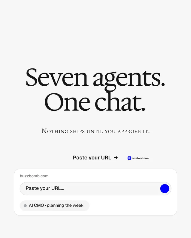 Instagram portrait post for BuzzBomb: "Seven agents. One chat." Swiss style, smallcaps layout, light palette in white, grey.