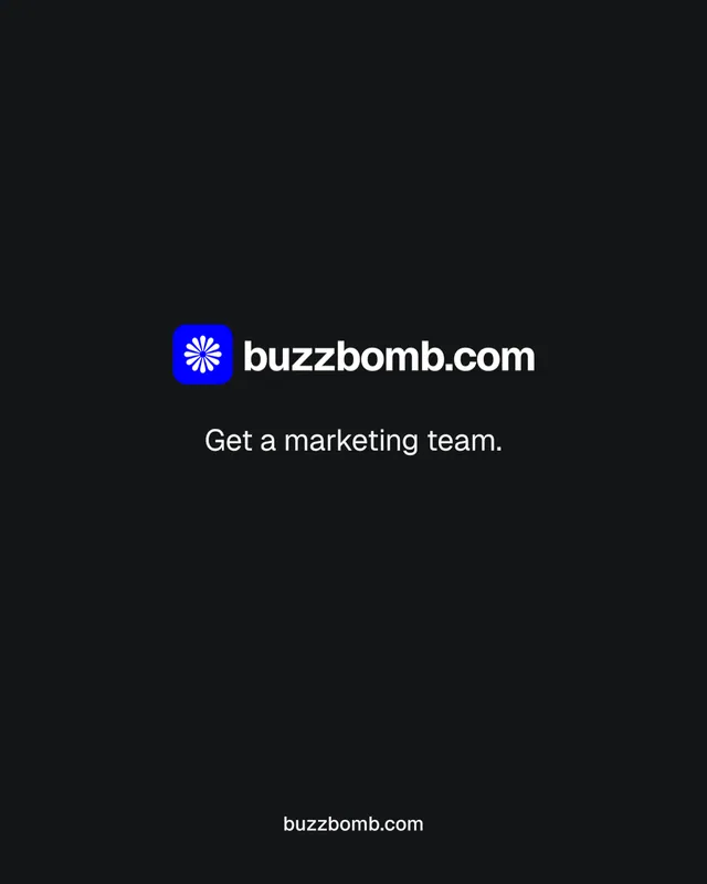 Instagram portrait post for BuzzBomb: "Get a marketing team." Swiss style, end card layout, dark palette in black.