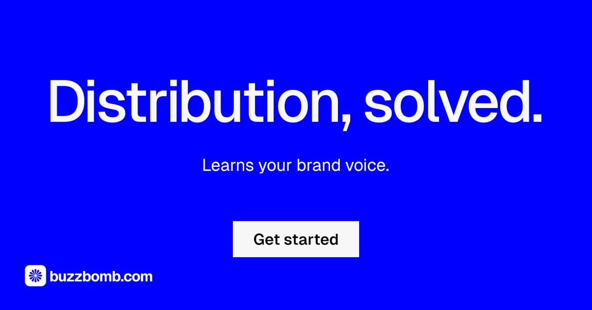 Social ad for BuzzBomb: "Distribution, solved." Split block style, centred layout, dark palette in blue.