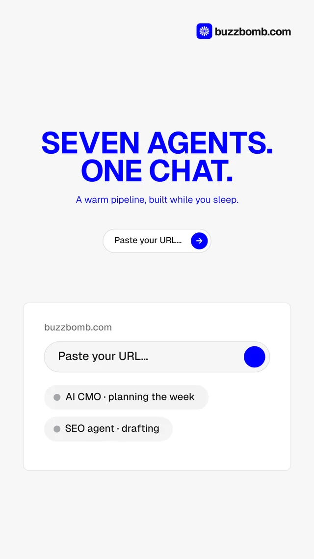 Instagram story for BuzzBomb: "Seven agents. One chat." Agentic glass style, centred layout, light palette in white, blue.