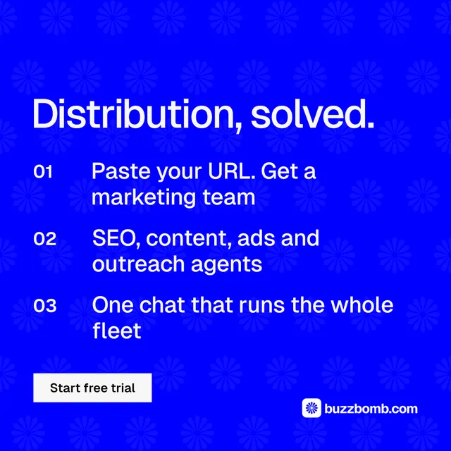 Instagram post for BuzzBomb: "Distribution, solved." Swiss style, numbered layout, dark palette in blue.