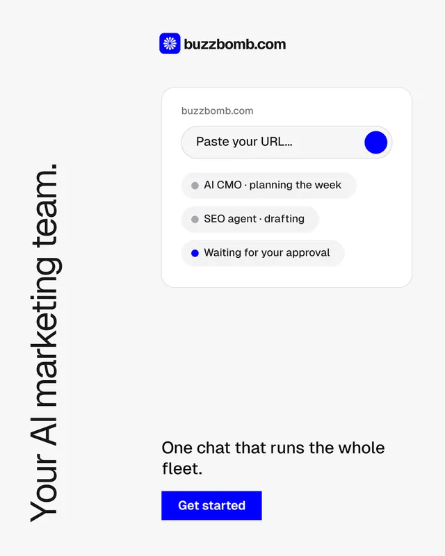 Instagram portrait post for BuzzBomb: "Your AI marketing team." Swiss style, vertical layout, light palette in white, blue.