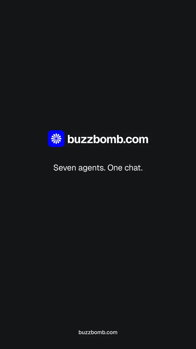 Instagram story for BuzzBomb: "Seven agents. One chat." Swiss style, end card layout, dark palette in black.