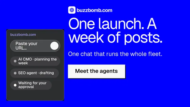 Landscape graphic for BuzzBomb: "One launch. A week of posts." Brutalist style, skeleton layout, dark palette in blue.