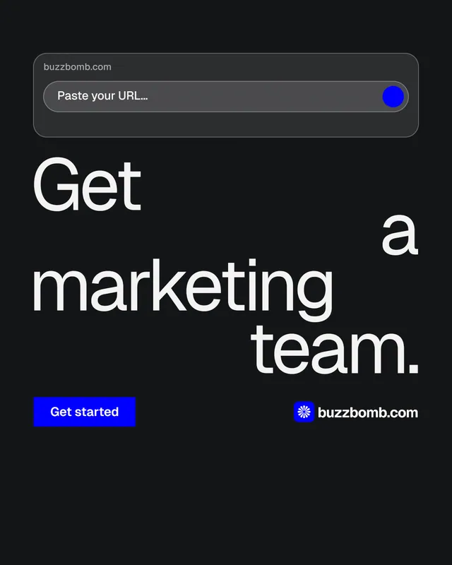 Instagram portrait post for BuzzBomb: "Get a marketing team." Split block style, stacked layout, dark palette in black, grey.