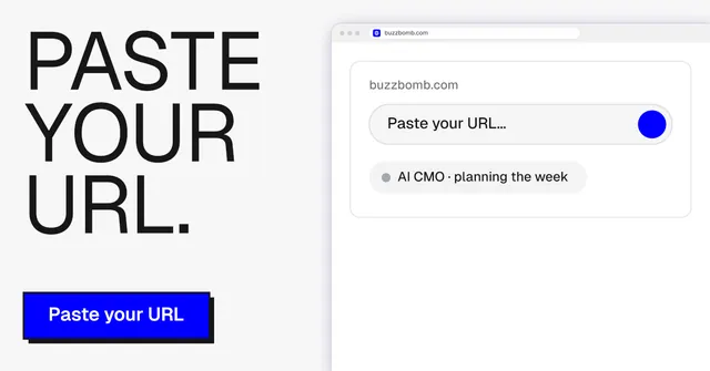Social ad for BuzzBomb: "Paste your URL." Brutalist style, browser layout, light palette in white, blue.