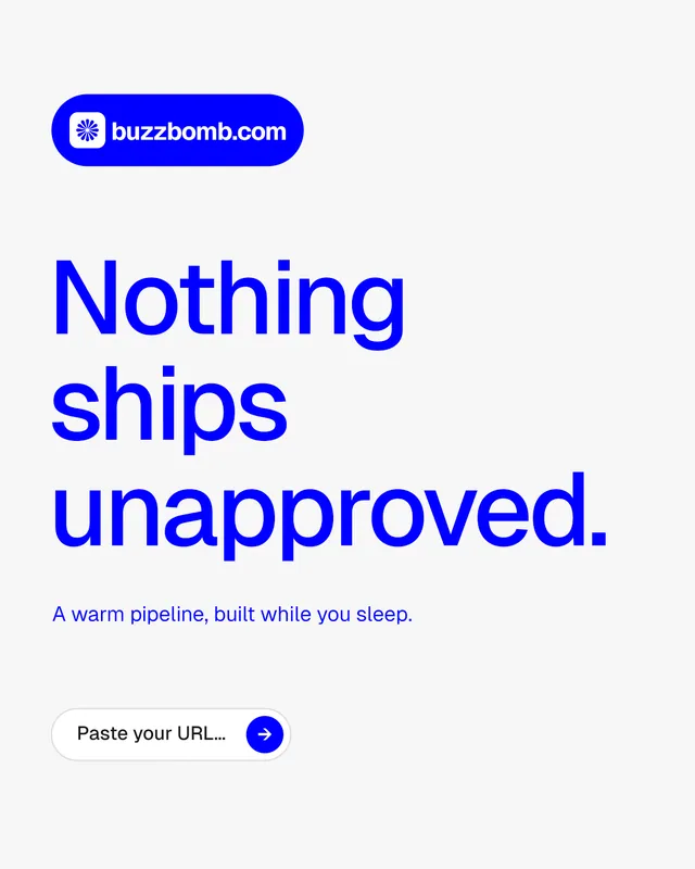 Instagram portrait post for BuzzBomb: "Nothing ships unapproved." Agentic glass style, announce layout, light palette in white, blue.