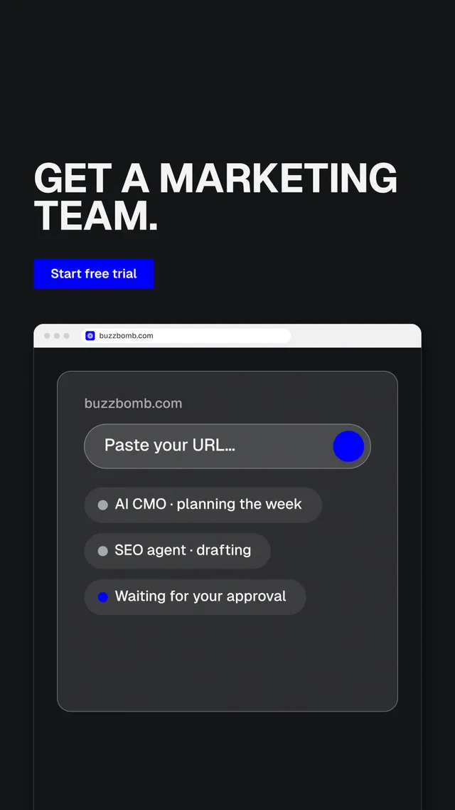Instagram story for BuzzBomb: "Get a marketing team." Split block style, browser layout, dark palette in black, grey.