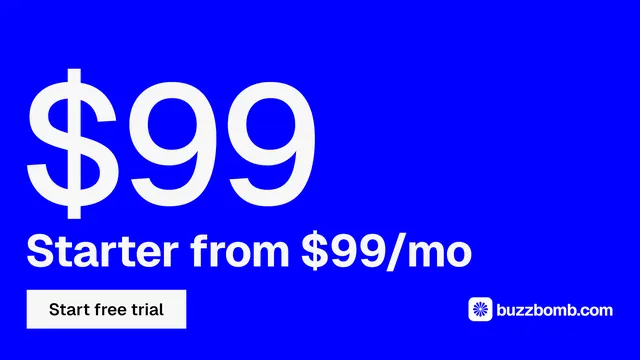 Landscape graphic for BuzzBomb: "Paste your URL." Split block style, stat layout, dark palette in blue, white.