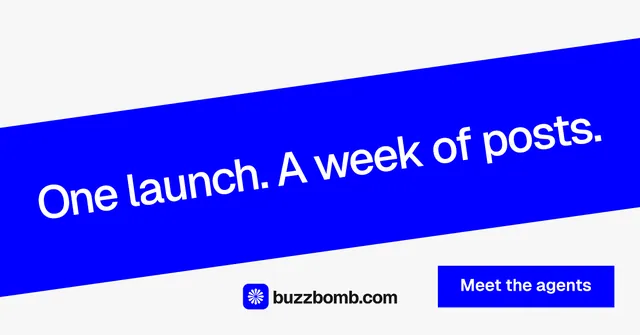 Social ad for BuzzBomb: "One launch. A week of posts." Swiss style, diagonal layout, light palette in blue, white.