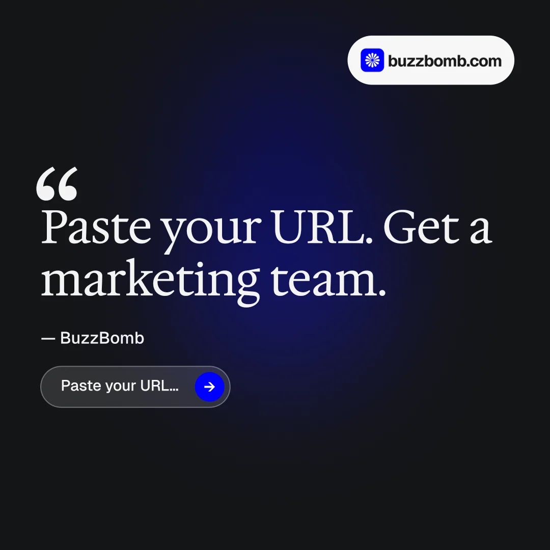 Instagram post for BuzzBomb: "Get a marketing team." Agentic glass style, quote layout, dark palette in black, blue, grey.