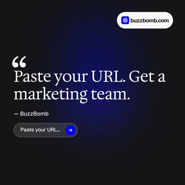 Instagram post for BuzzBomb: "Get a marketing team." Agentic glass style, quote layout, dark palette in black, blue, grey.