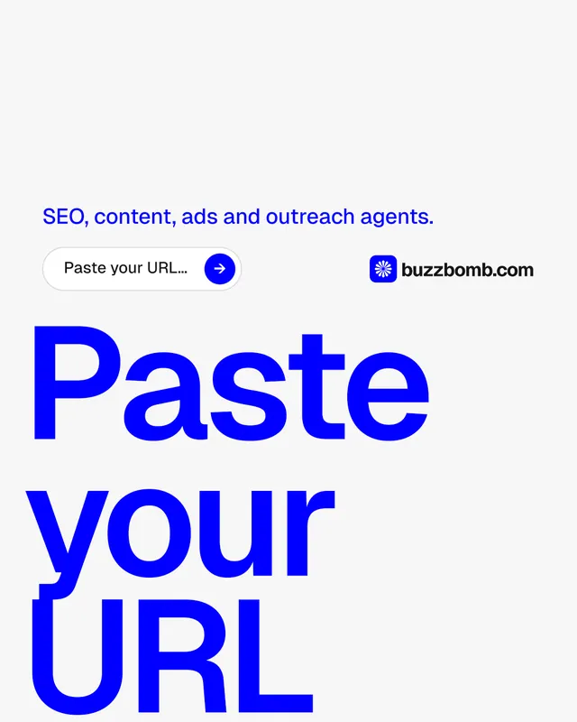 Instagram portrait post for BuzzBomb: "Paste your URL." Agentic glass style, oversized layout, light palette in white, blue.