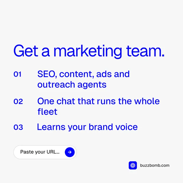 Instagram post for BuzzBomb: "Get a marketing team." Agentic glass style, numbered layout, light palette in white, blue.