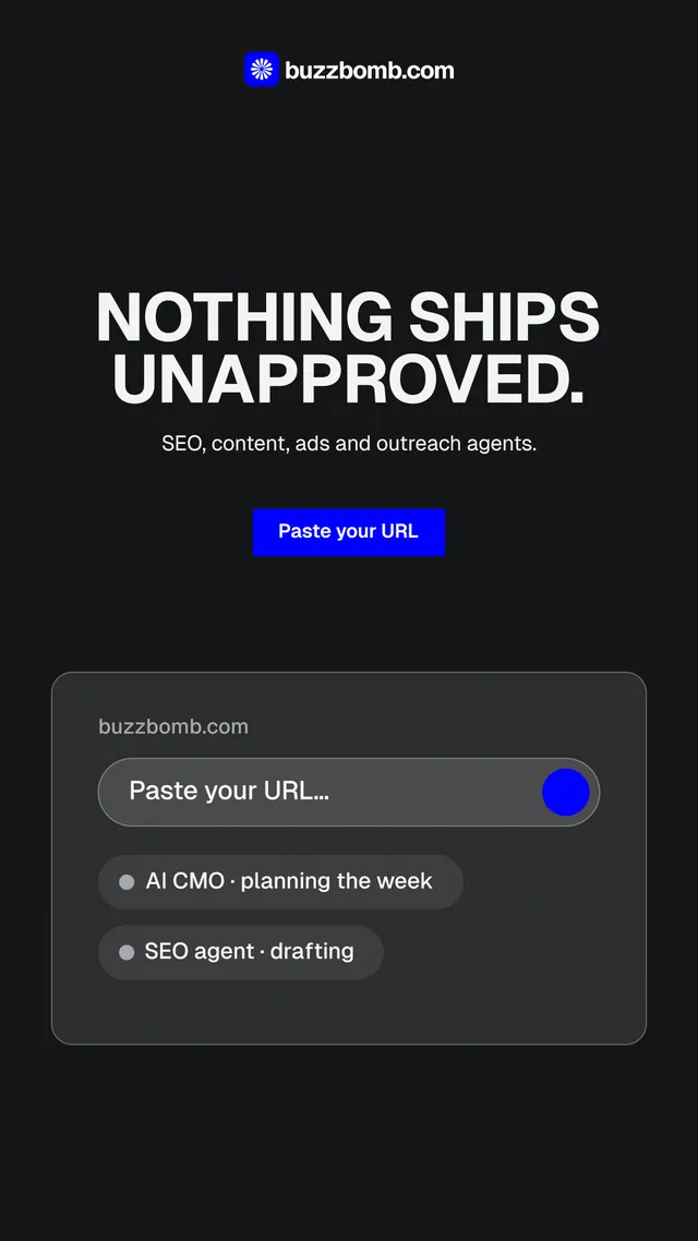 Instagram story for BuzzBomb: "Nothing ships unapproved." Split block style, centred layout, dark palette in black, grey.
