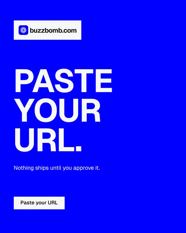 Instagram portrait post for BuzzBomb: "Paste your URL." Split block style, announce layout, dark palette in blue, white.