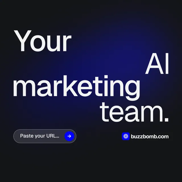 Instagram post for BuzzBomb: "Your AI marketing team." Agentic glass style, stacked layout, dark palette in black, blue, grey.