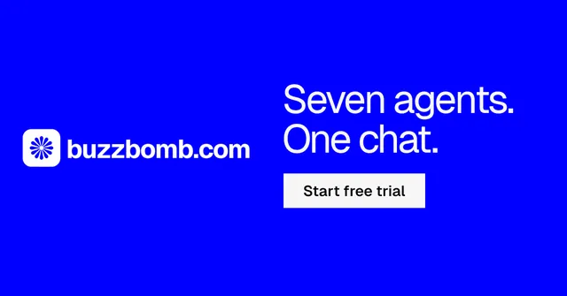 Social ad for BuzzBomb: "Seven agents. One chat." Swiss style, logo hero layout, dark palette in blue.