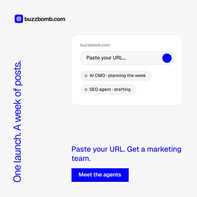 Instagram post for BuzzBomb: "One launch. A week of posts." Swiss style, vertical layout, light palette in white, blue.