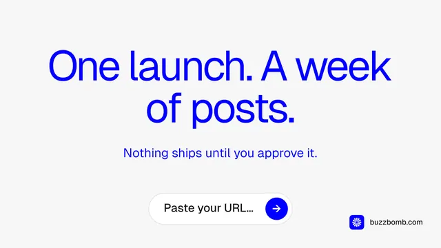 Landscape graphic for BuzzBomb: "One launch. A week of posts." Agentic glass style, centred layout, light palette in white, blue.