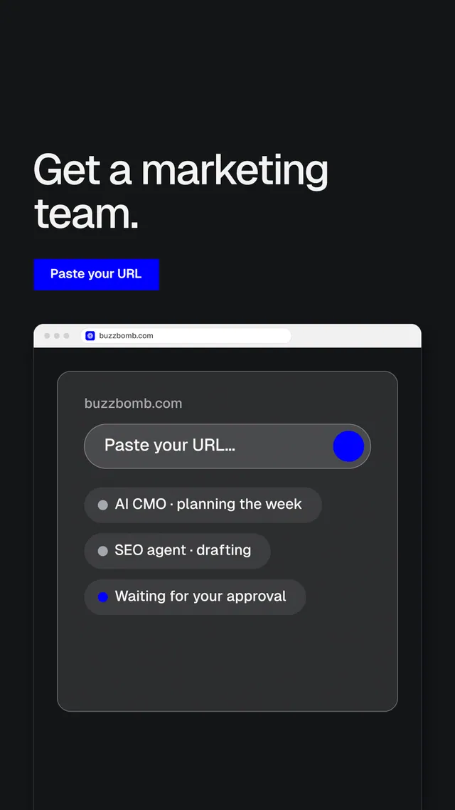 Instagram story for BuzzBomb: "Get a marketing team." Split block style, browser layout, dark palette in black, grey.