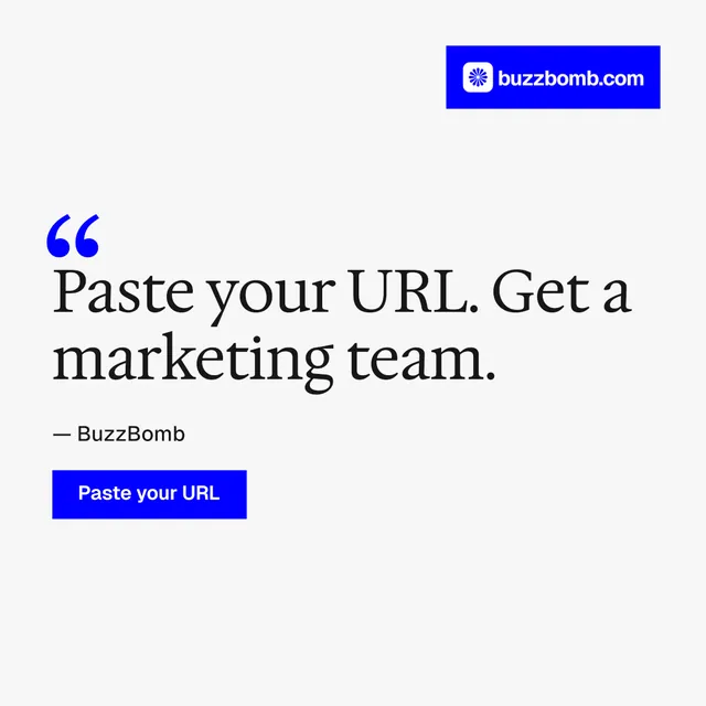 Instagram post for BuzzBomb: "Paste your URL." Swiss style, quote layout, light palette in white, grey.