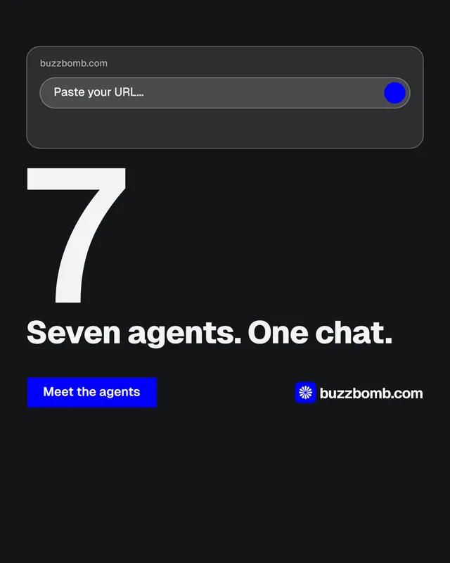 Instagram portrait post for BuzzBomb: "Paste your URL." Brutalist style, stat layout, dark palette in black, grey.