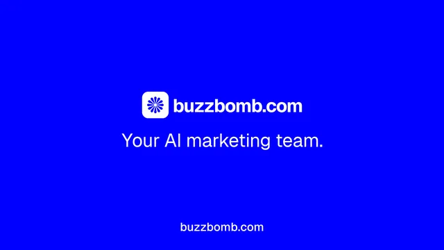 Landscape graphic for BuzzBomb: "Your AI marketing team." Swiss style, end card layout, dark palette in blue.