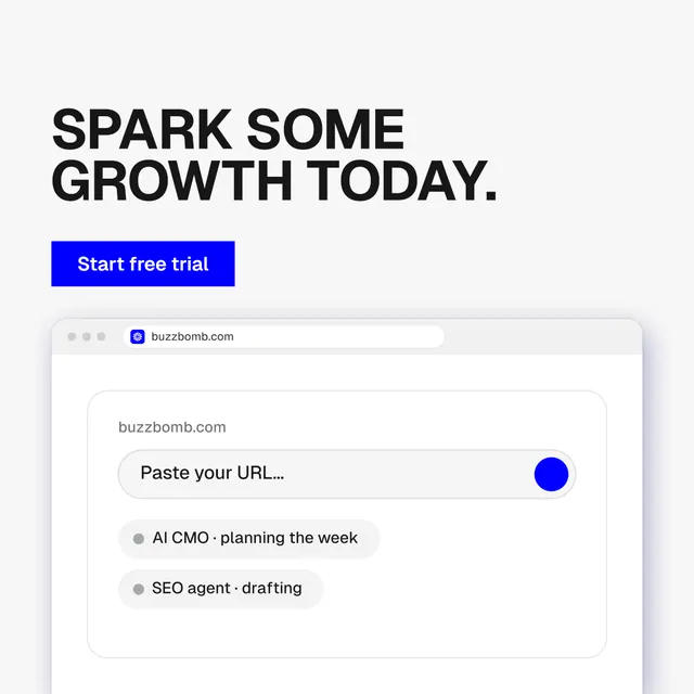 Instagram post for BuzzBomb: "Spark some growth today." Swiss style, browser layout, light palette in white, blue.