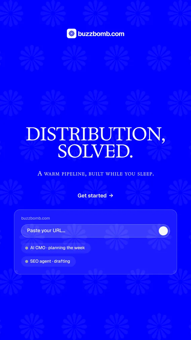 Instagram story for BuzzBomb: "Distribution, solved." Split block style, smallcaps layout, dark palette in blue.